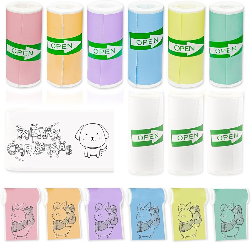 OMGFUNAA 9 Rolls Self-Adhesive Mini Printer Paper - 6 Vibrant Colors & 3 White Compatible with M02/T02 Printers(Remove Inner Paper Holder), Thermal Sticker Paper for Photos, Lists, Study Notes & Scrapbooking - Image 1